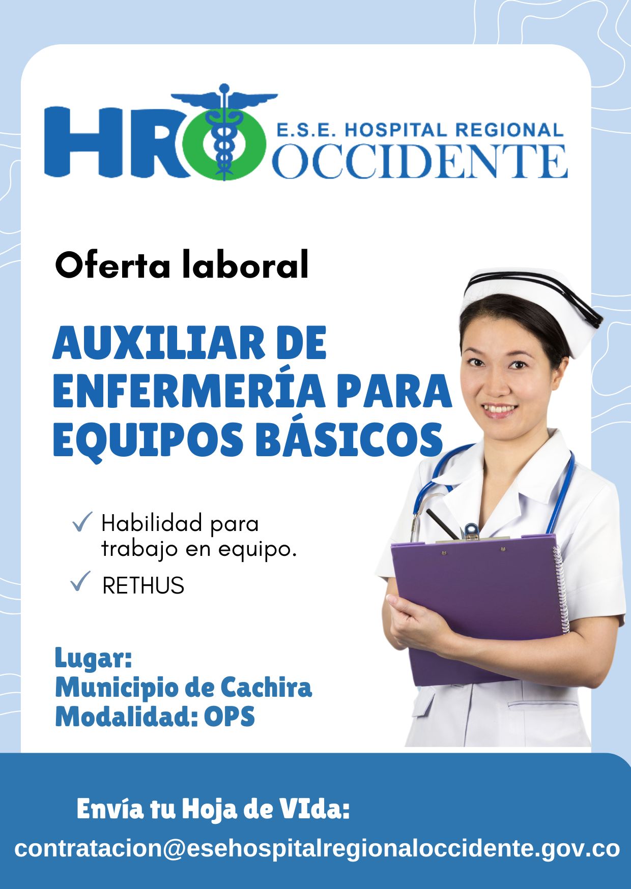 Convocatoria para el cargo de Auxiliar de Enfermería para Equipos Básicos en el Municipio de Cachira