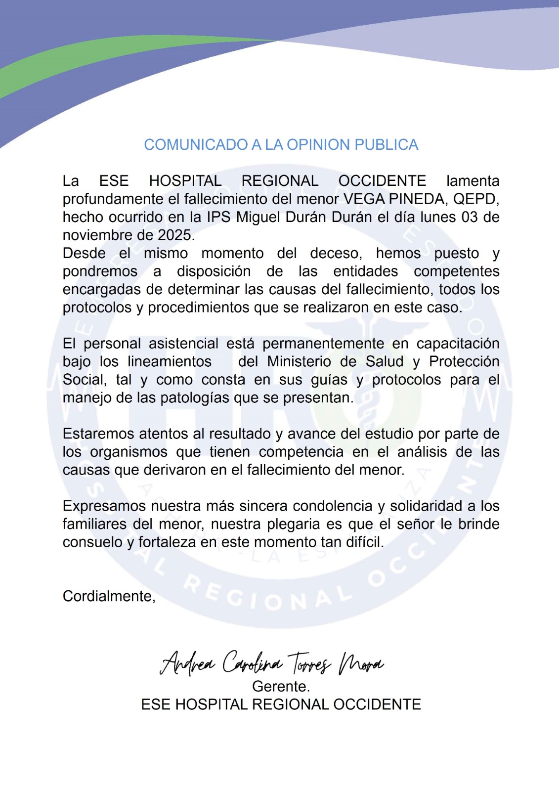 Hospital Regional Occidente lamenta el fallecimiento de menor y anuncia colaboración con autoridades competentes